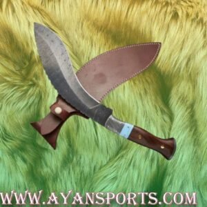 Custom Handmade Damascus Steel Kukri Knife Handle Rezon/Rosewood With Leather Sheath