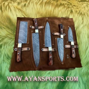 HANDMADE DAMASCUS 5 PCS CHEF SET WITH LEATHER ROLL KIT