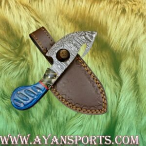 Custom Handmade Damascus Steel Guthook Skinner Knife Handle Hardwood With Leather sheath