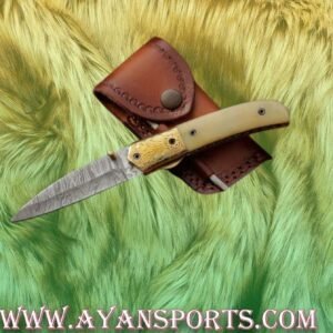 Custom Handmade Damascus Steel Pocket Knife Handle Cow Bone Brass Bolster With Leather Sheath Compact Folding knife
