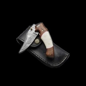Custom Handmade Damascus Steel Pocket Knife Handle Rose Wood/Cow Bone With Leather Sheath Reliable Pocket Knife for Outdoor Adventures