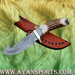 Damascus Gut Hook Fixed Blade Knife with Stag Antler Handle & Leather Sheath