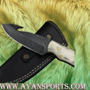 Alternative view of Damascus Hunting knife Handle: Bone, Brass Landyard Pipe
